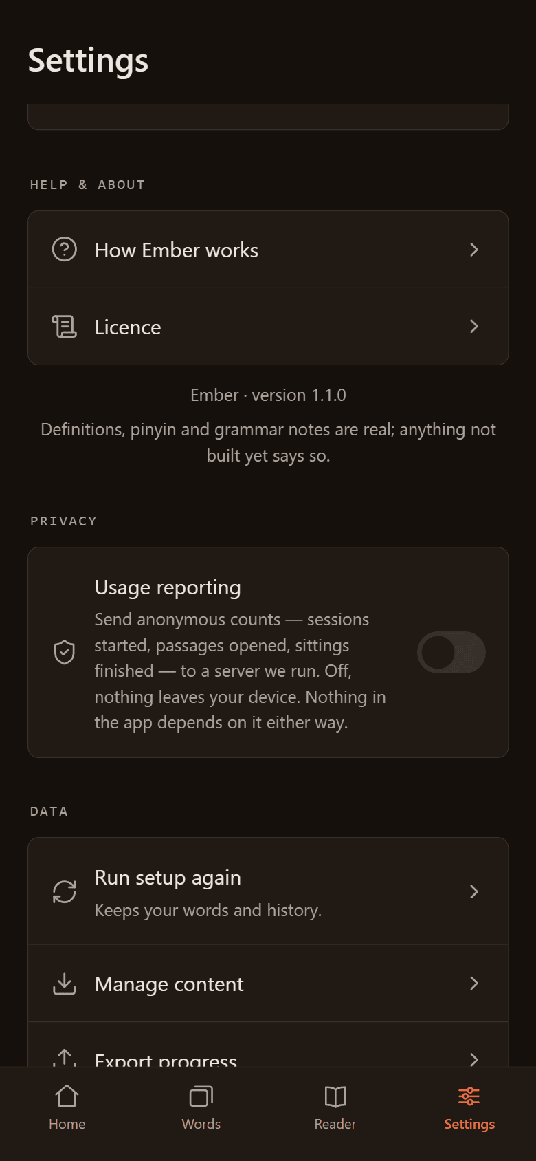 Ember Settings: the Usage reporting switch, off
