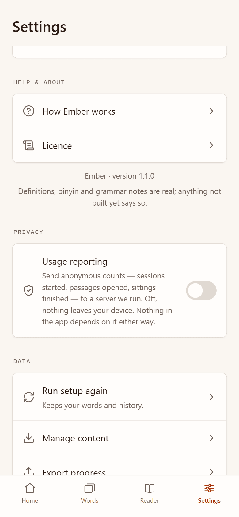 Ember Settings: the Usage reporting switch, off